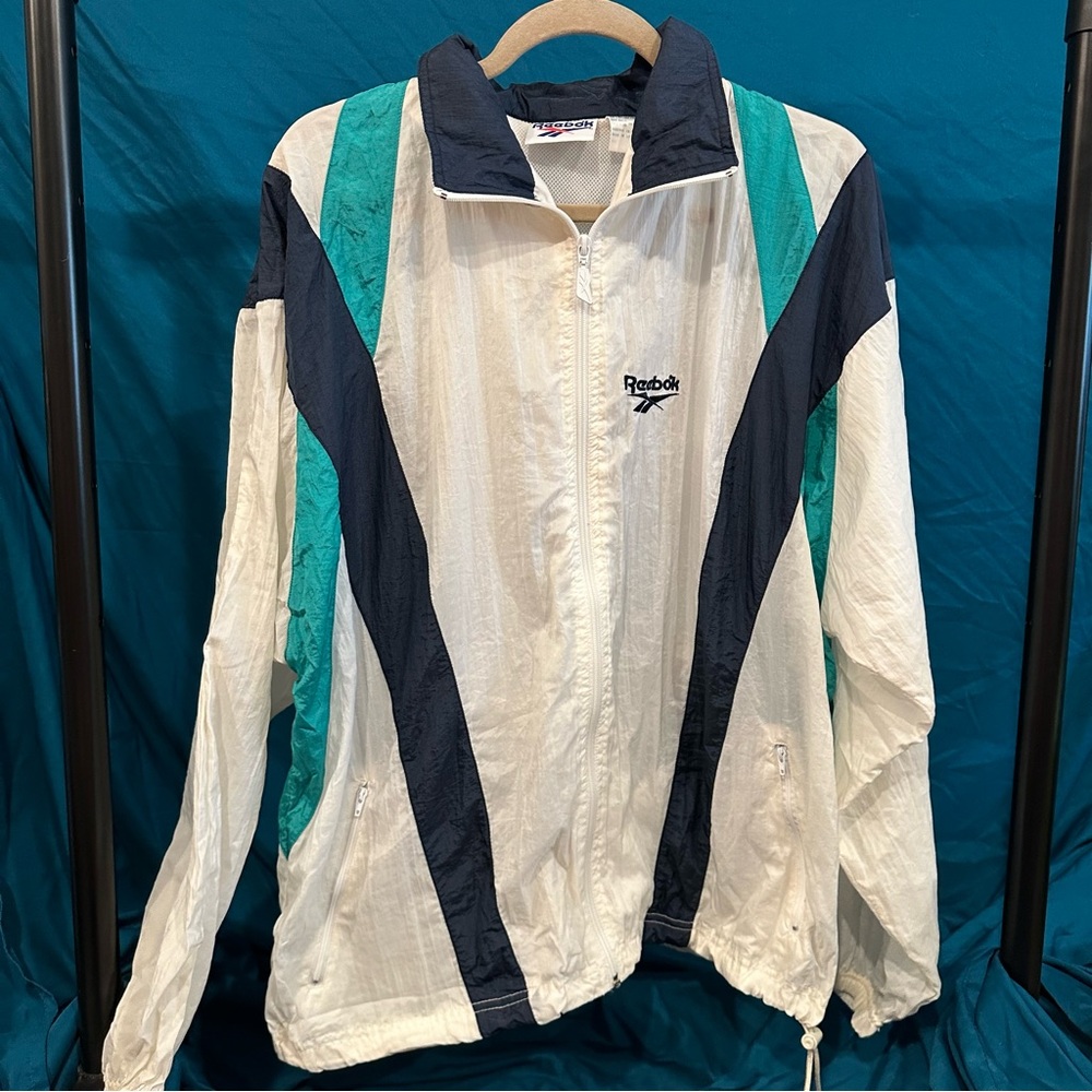 Reebok White and Green Bomber Jacket Vintage
